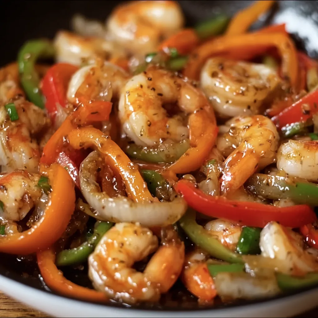 A plate of shrimp and bell pepper stir-fry.