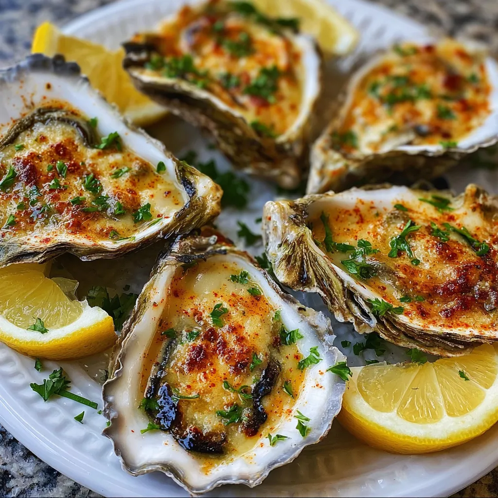 A plate of grilled oysters with lemon and garlic.