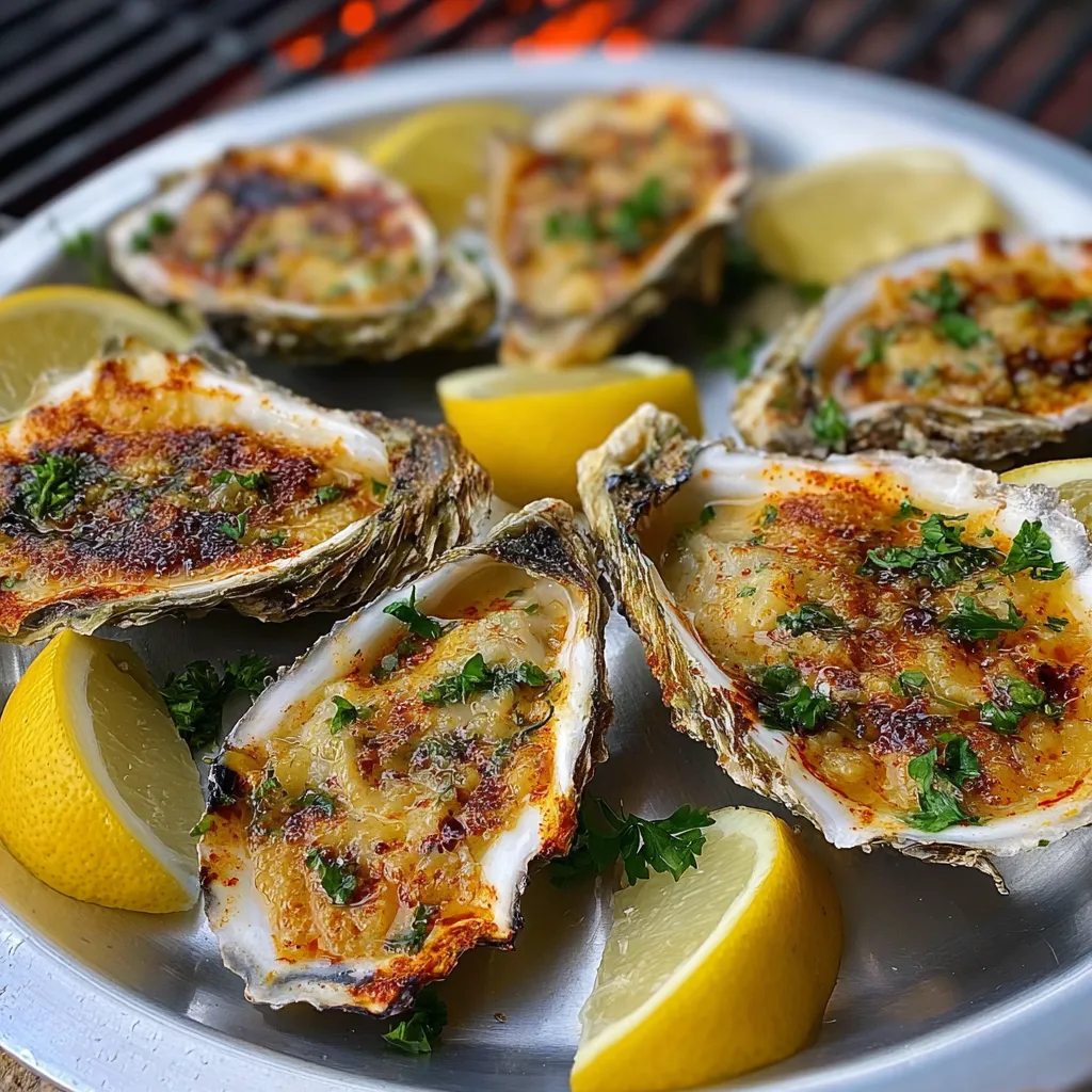A plate of grilled oysters with lemon and garlic.