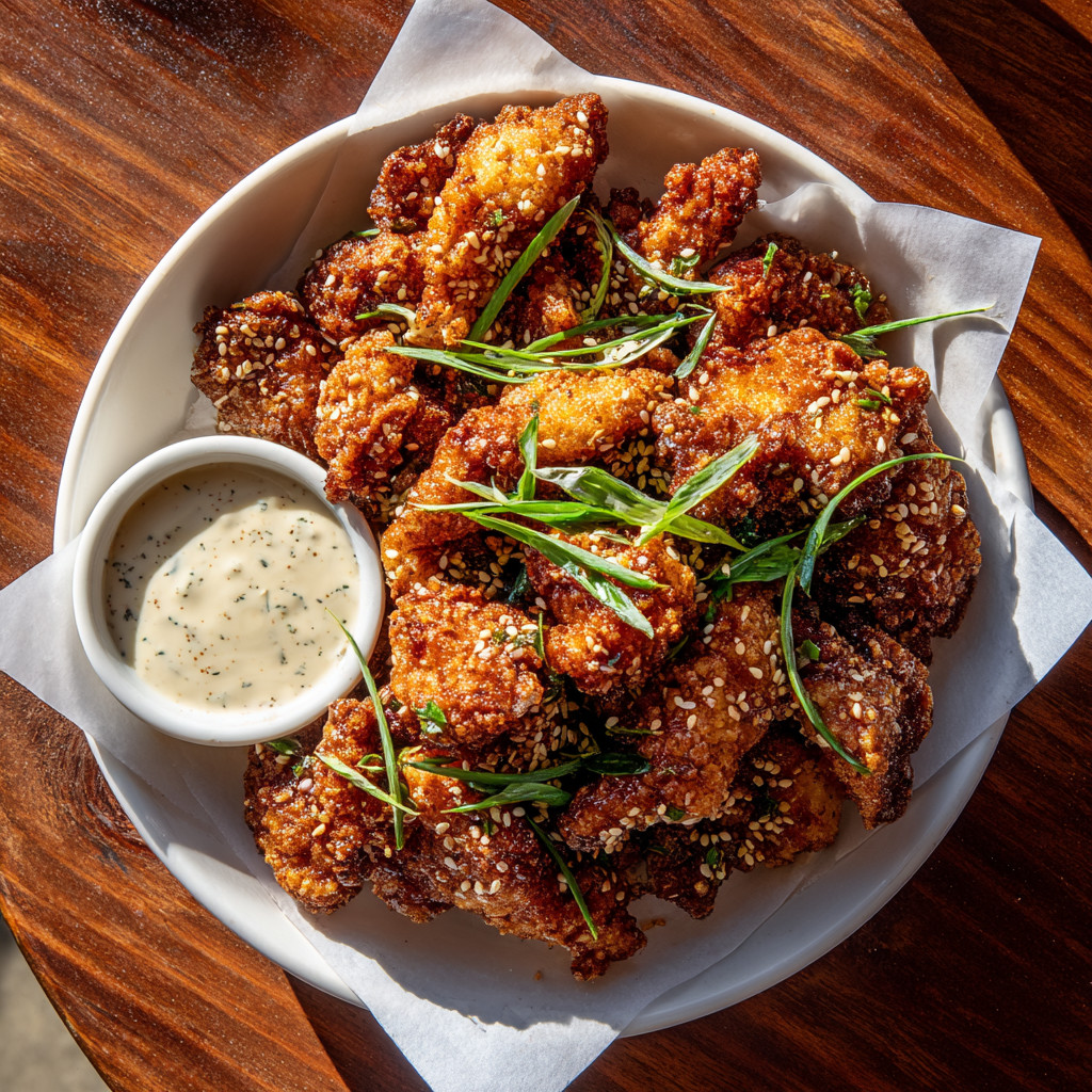 A bowl of fried chicken with a dipping sauce.