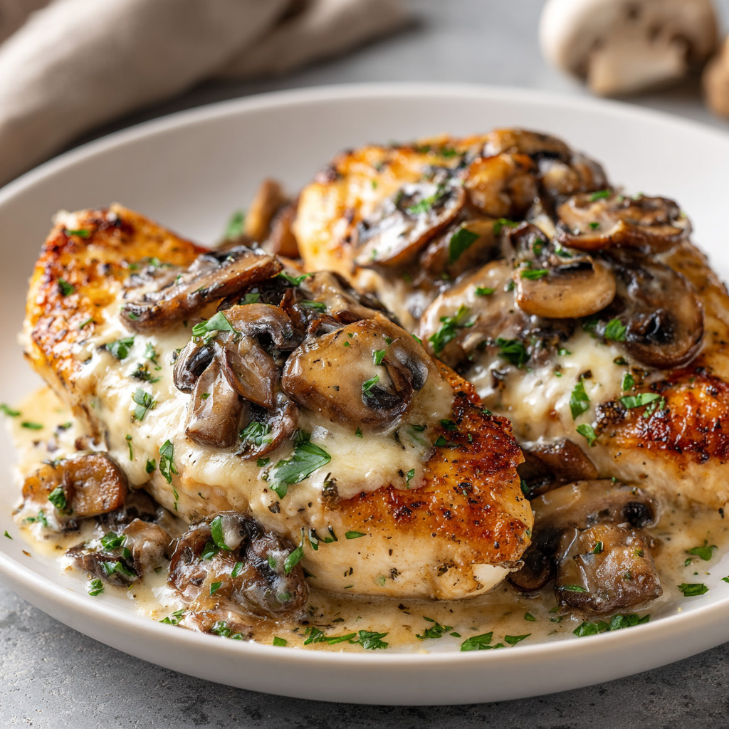 A plate of chicken with mushrooms on top.