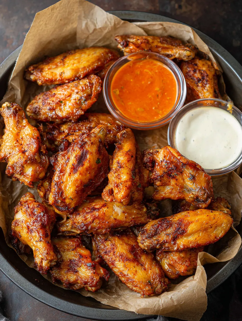 A plate of buffalo wings with a dipping sauce.
