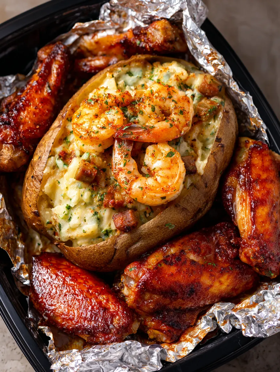 A loaded shrimp stuffed potato with wings is a pure comfort feast tonight.