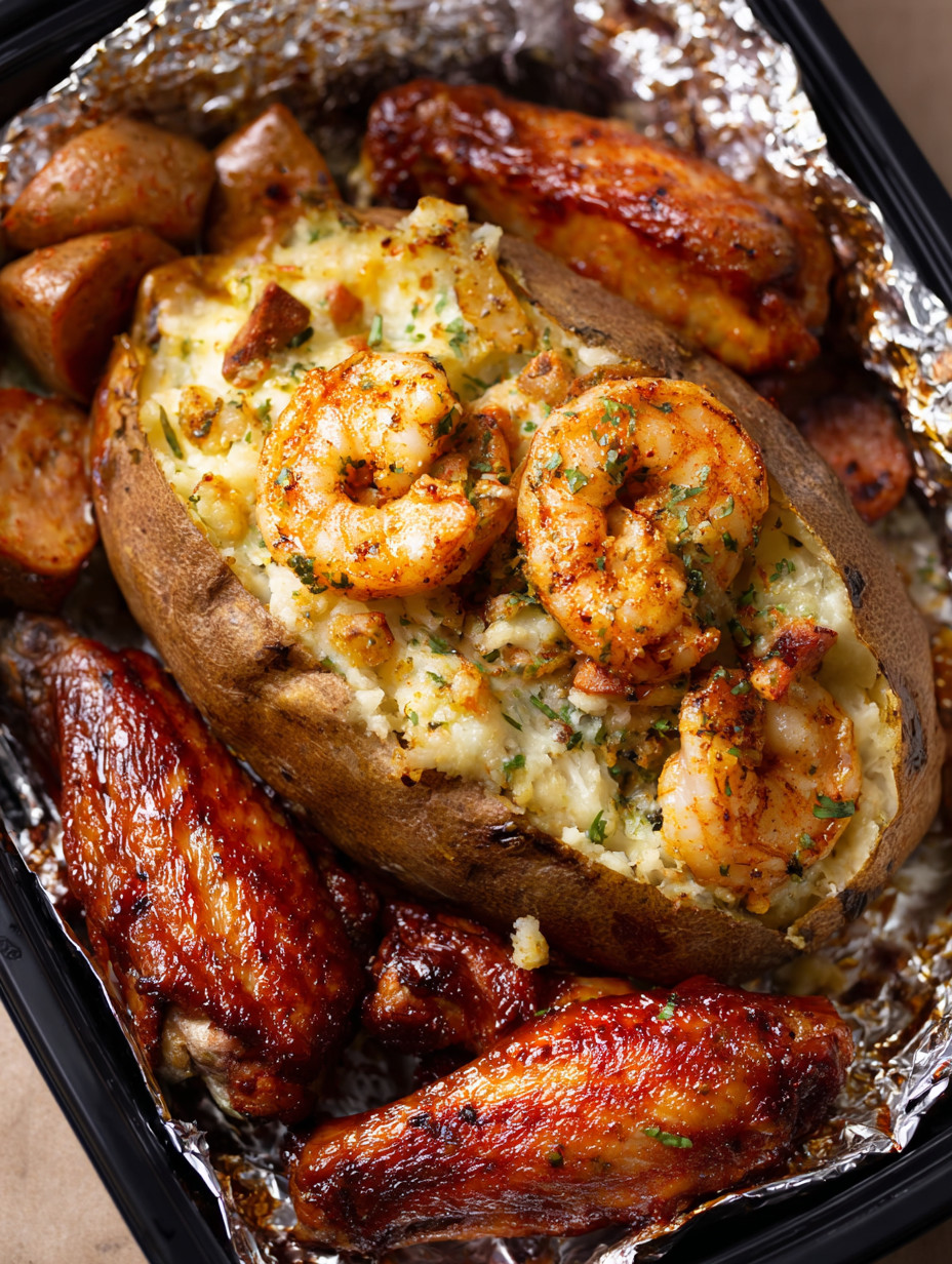 A loaded shrimp stuffed potato with wings is a pure comfort feast tonight.