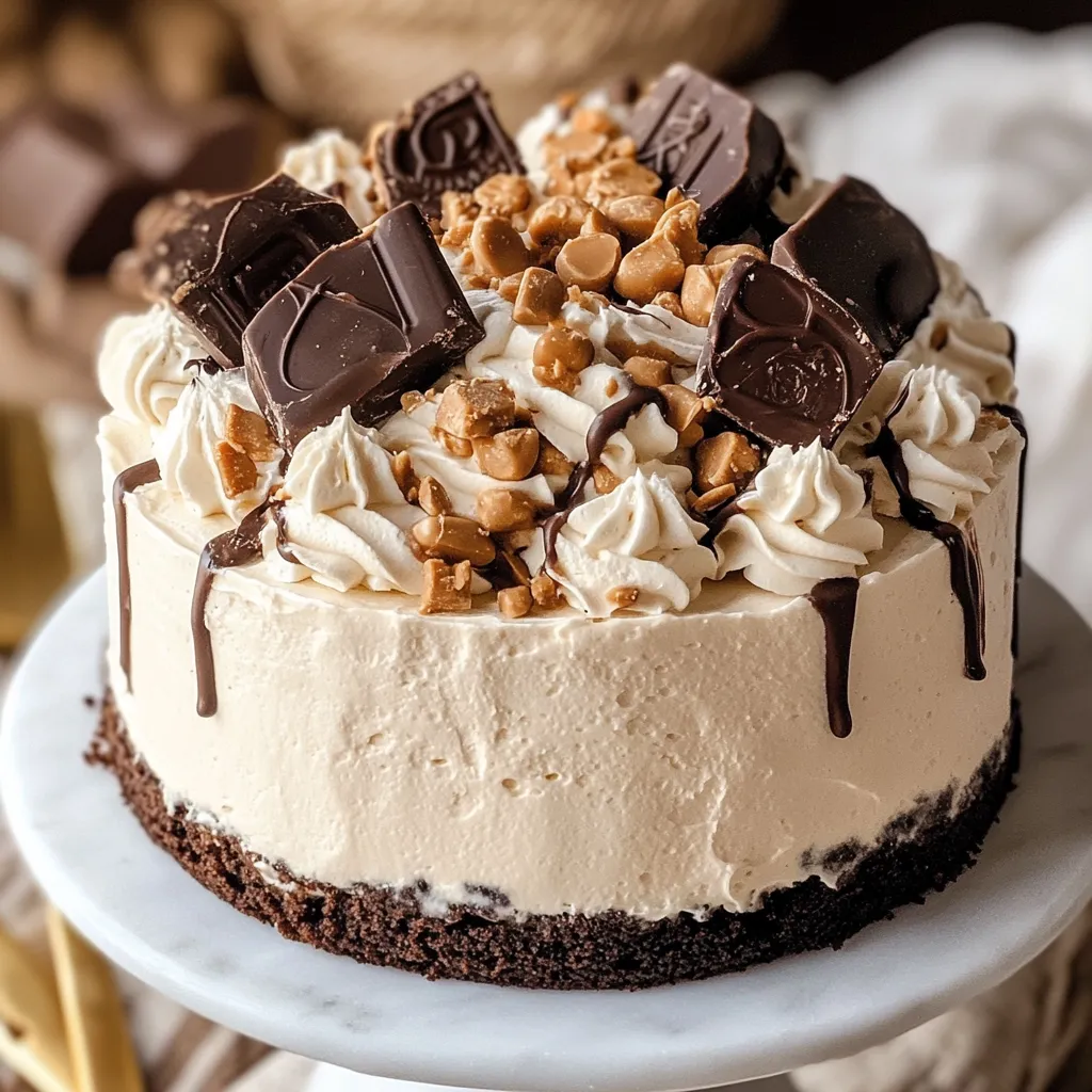 A cake with chocolate and peanut butter frosting.