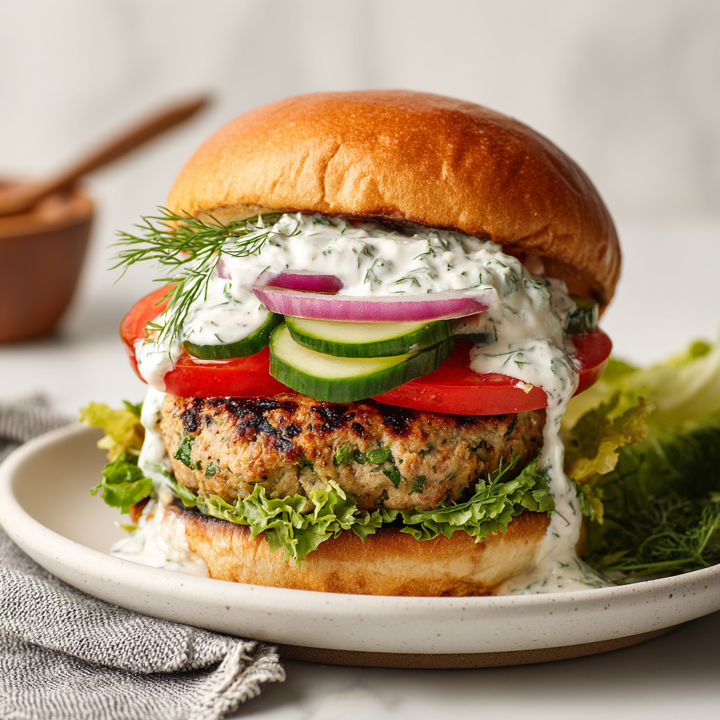 A burger with lettuce, tomato, cucumber, and feta cheese.
