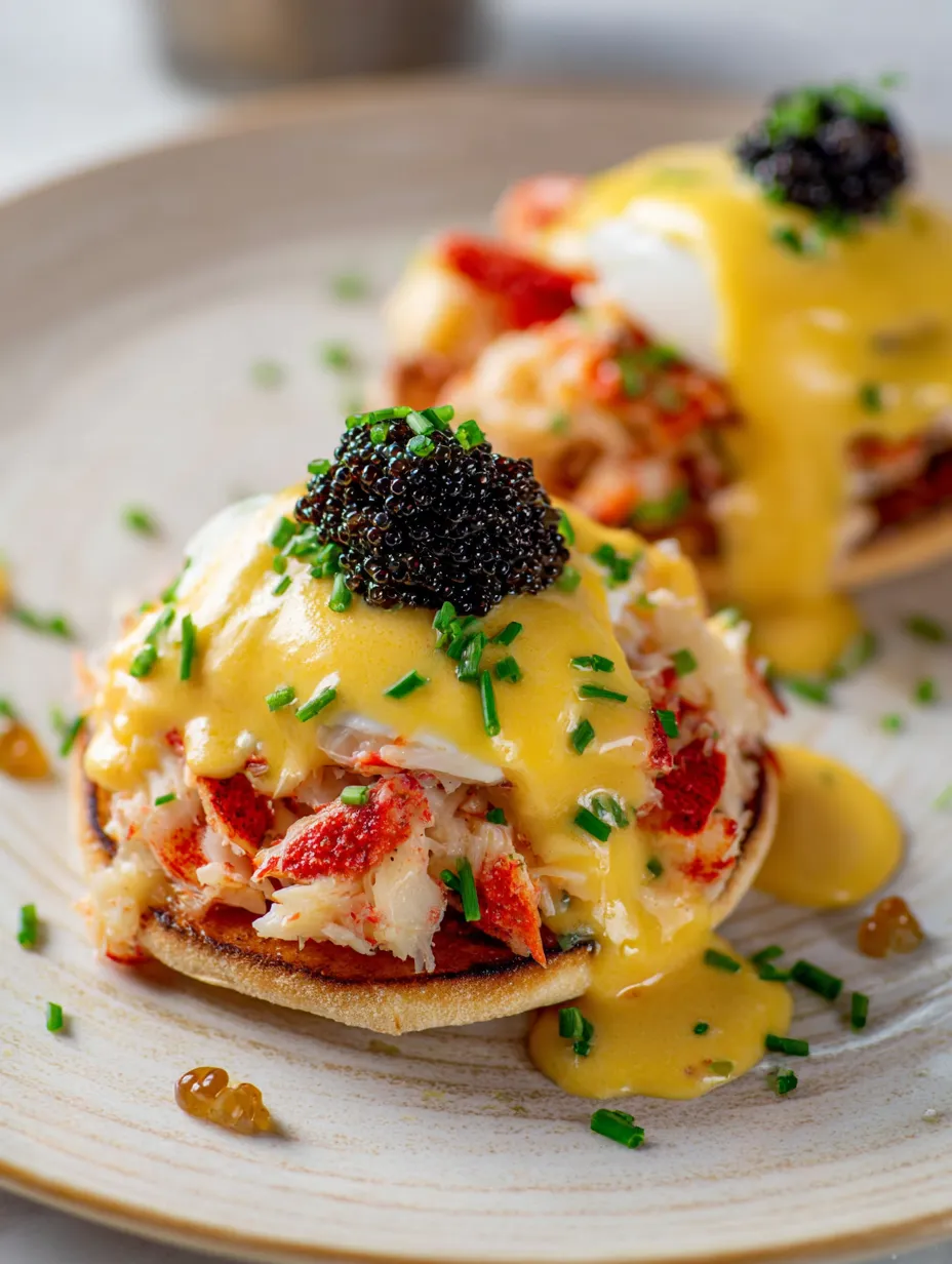 A plate of crab eggs benedict with caviar.