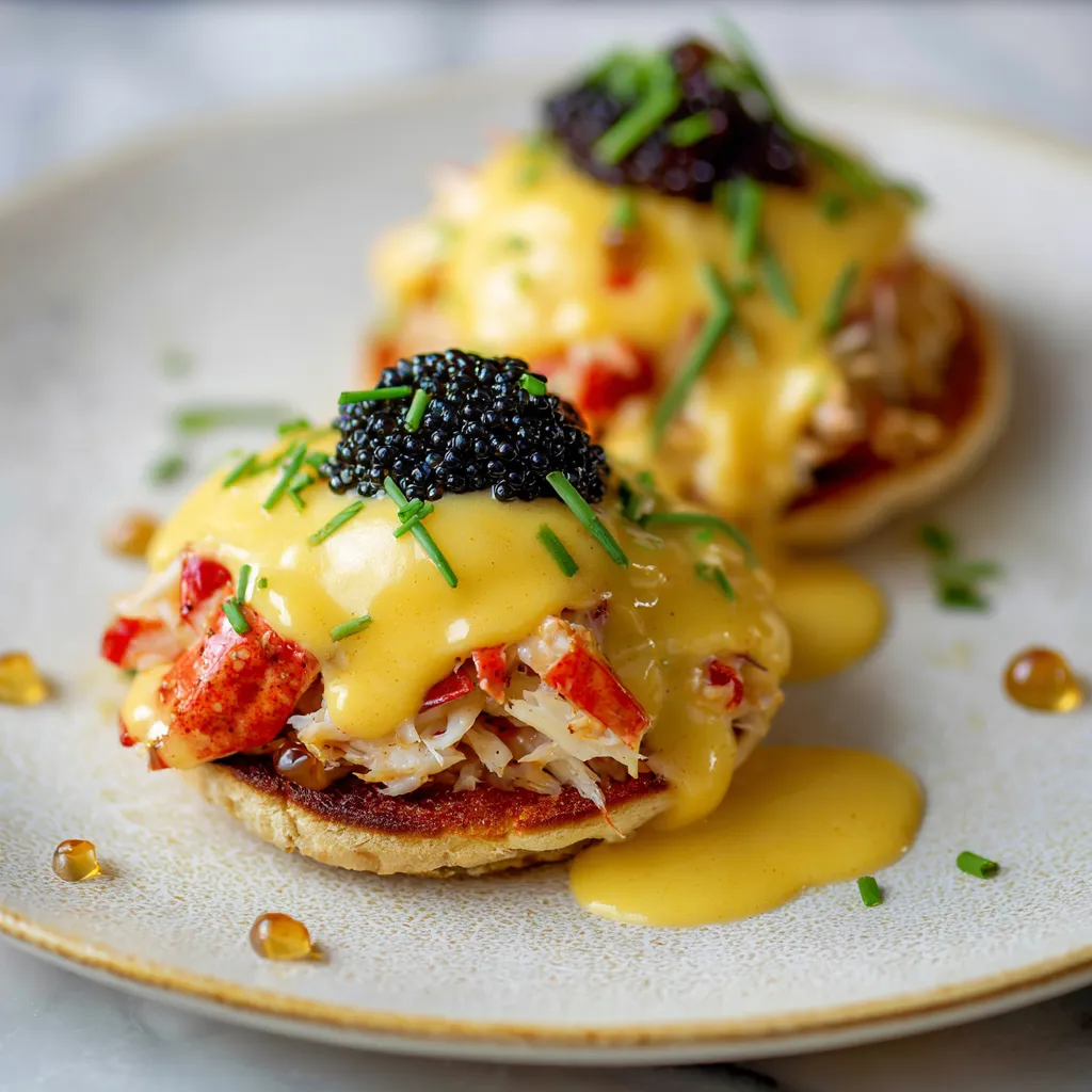 Two crab eggs benedict with caviar on a plate.