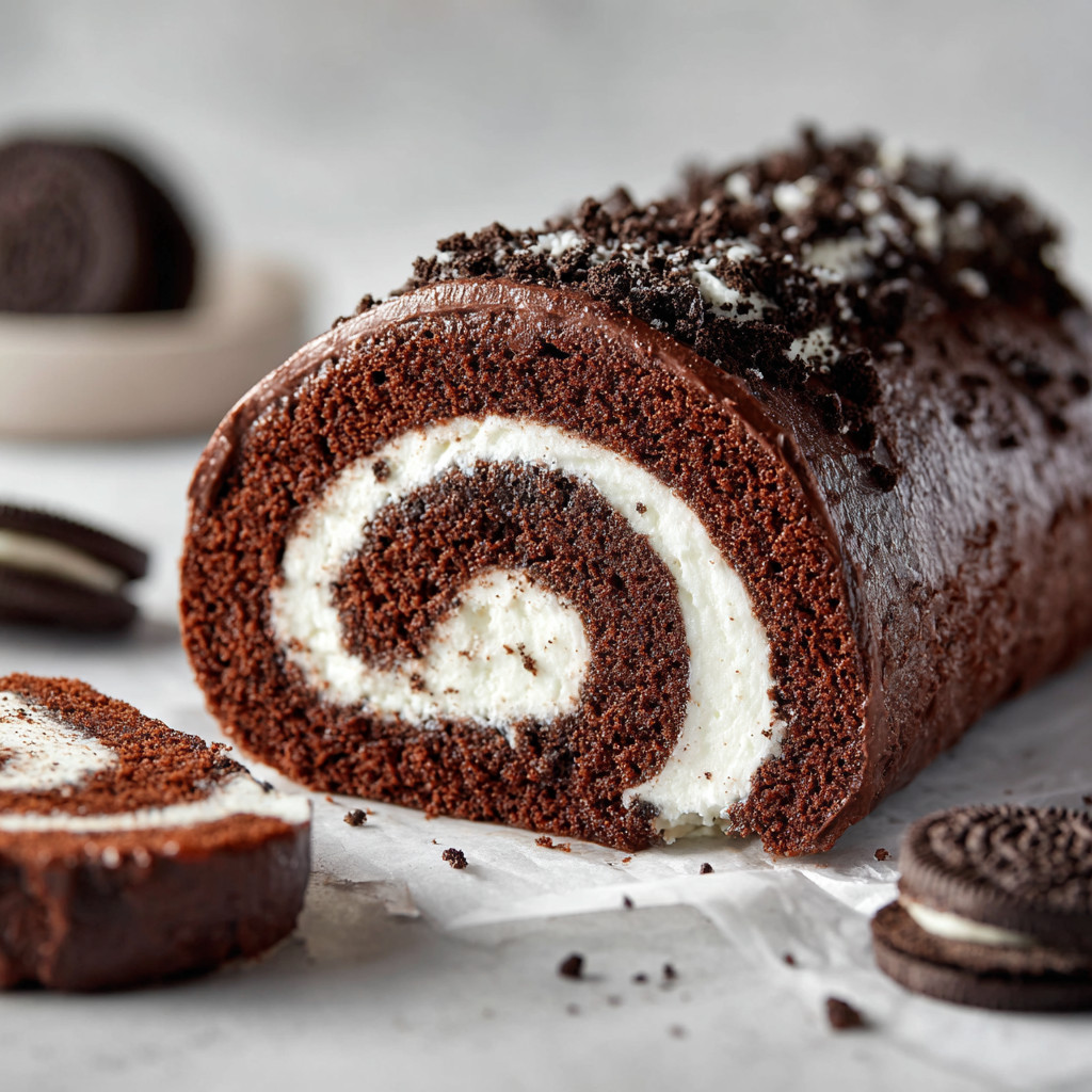 A chocolate cake with white frosting and chocolate chips.
