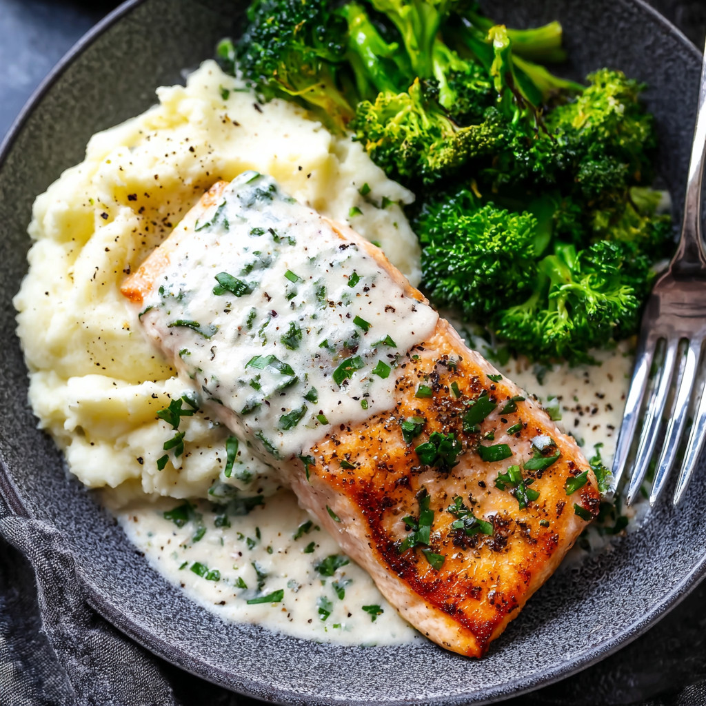 A plate of food with fish and broccoli.