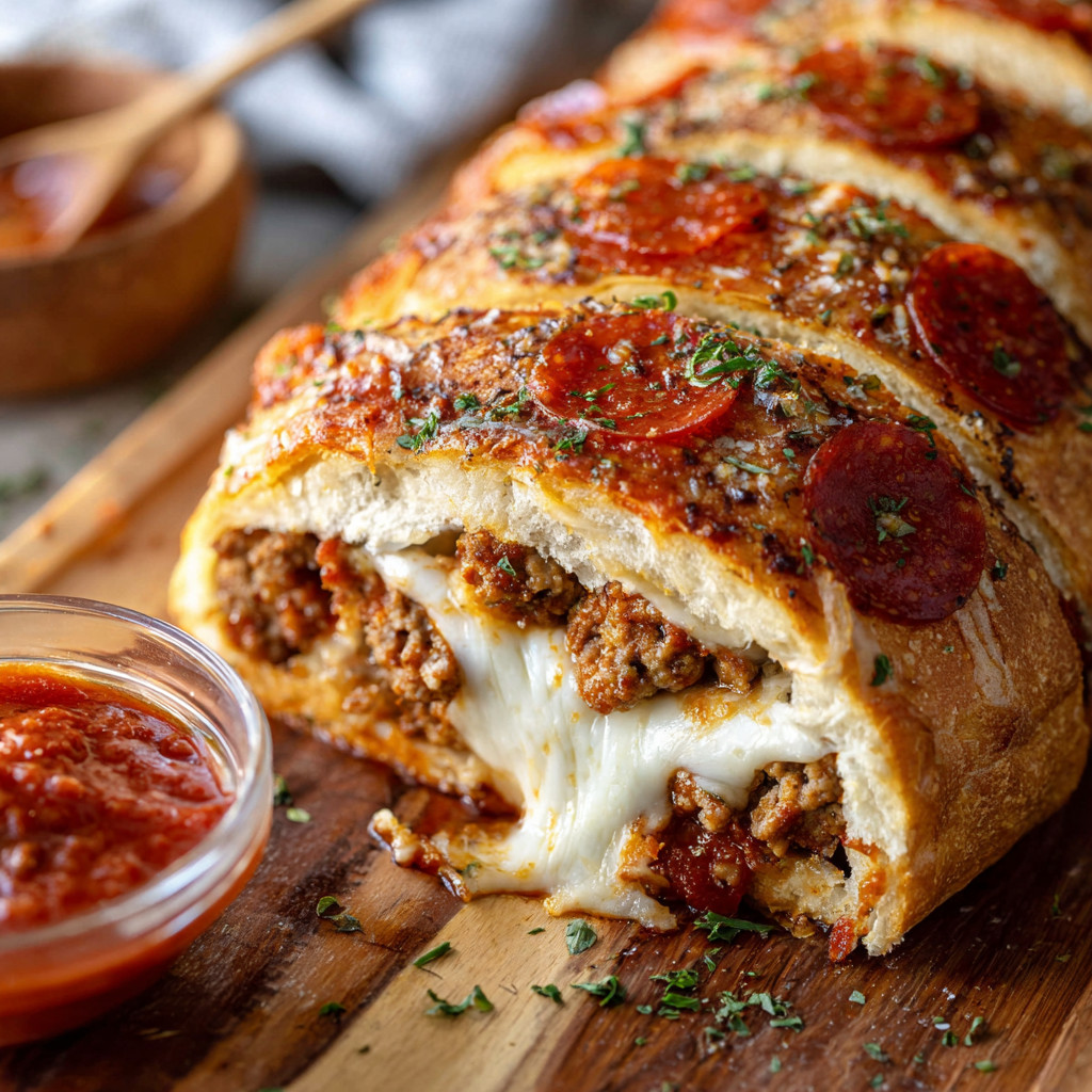 A large pepperoni pizza roll on a wooden cutting board.