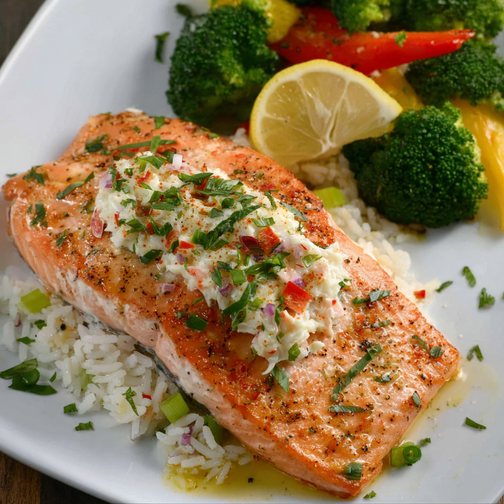 A plate of food with fish, rice, broccoli, and lemon.
