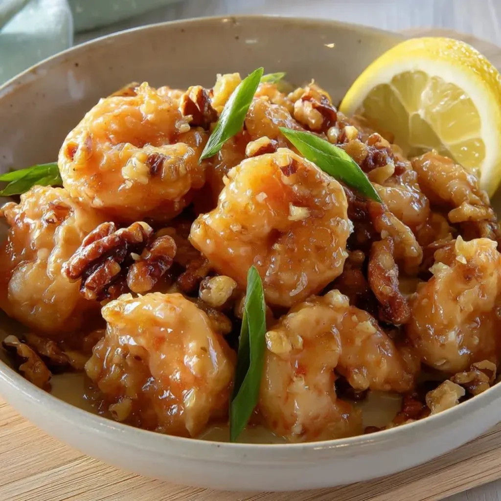 A bowl of shrimp with a lemon wedge on top.