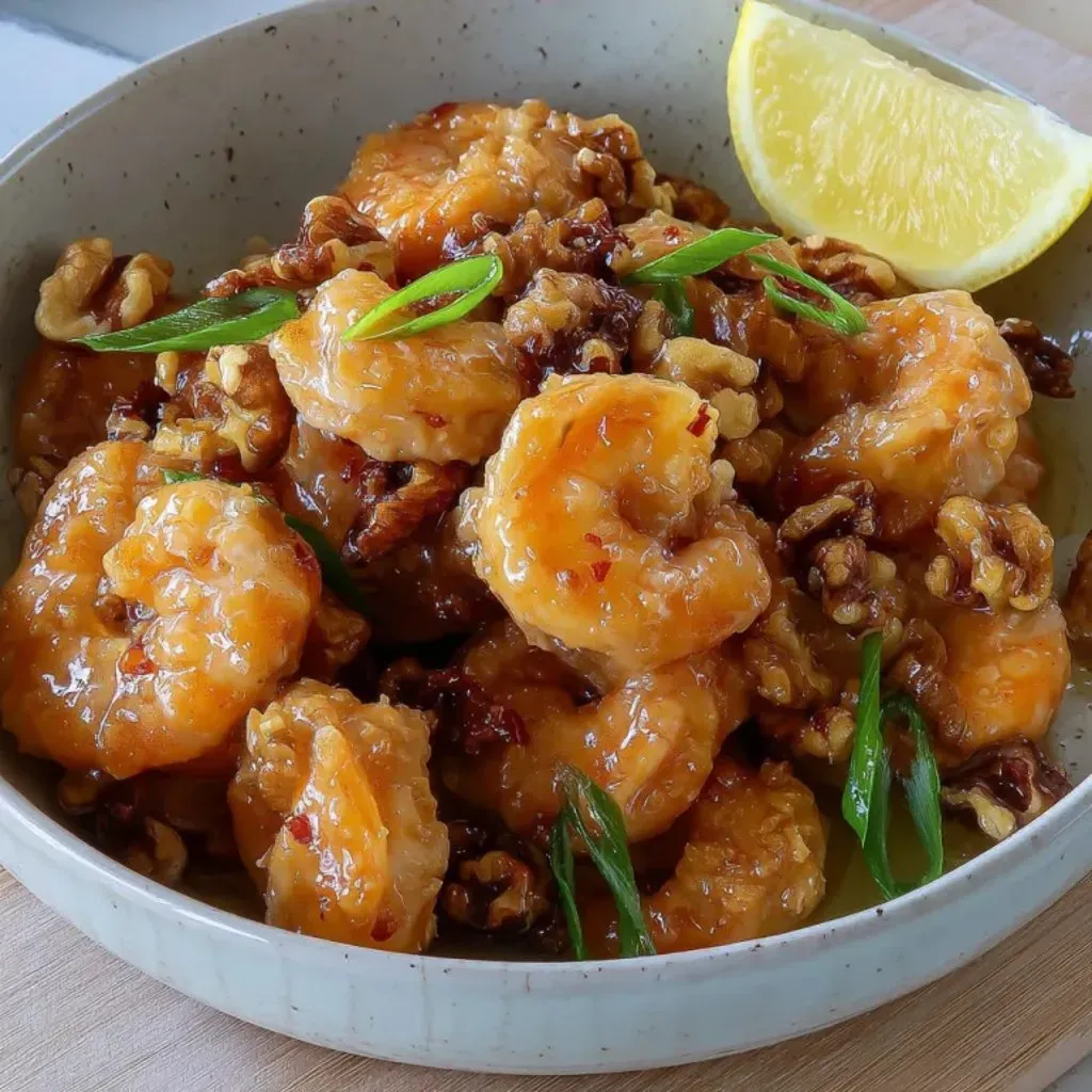 A bowl of shrimp with a lemon wedge on top.