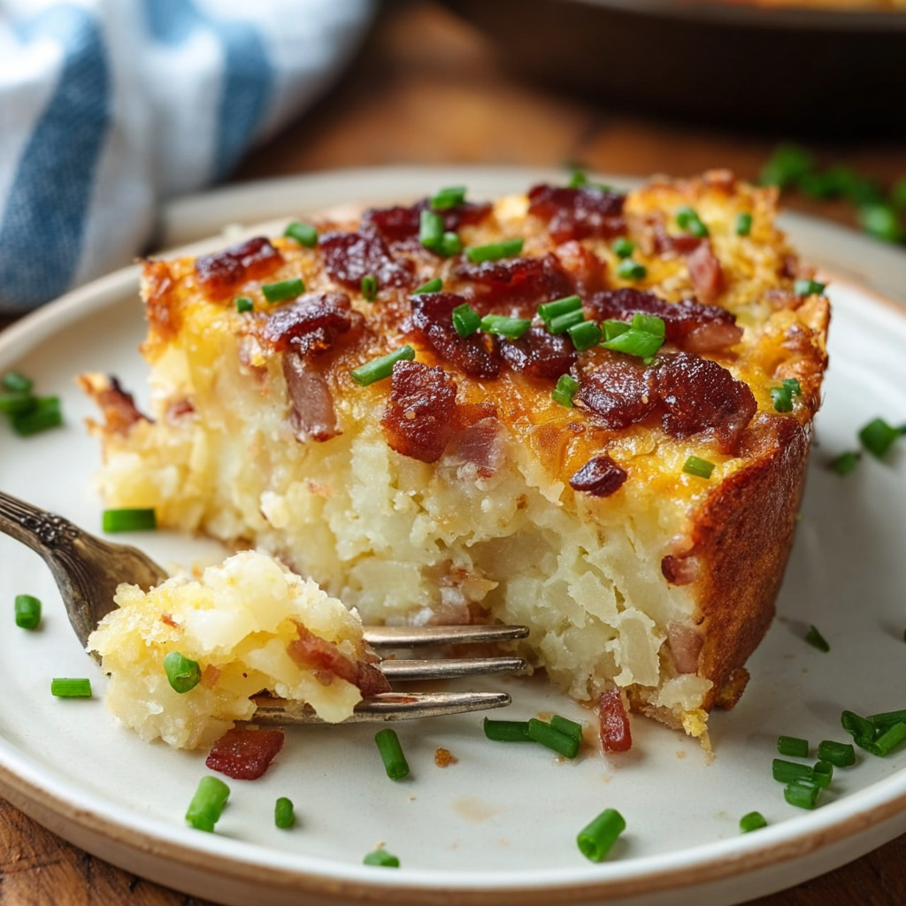A slice of bacon and cheese quiche on a plate.
