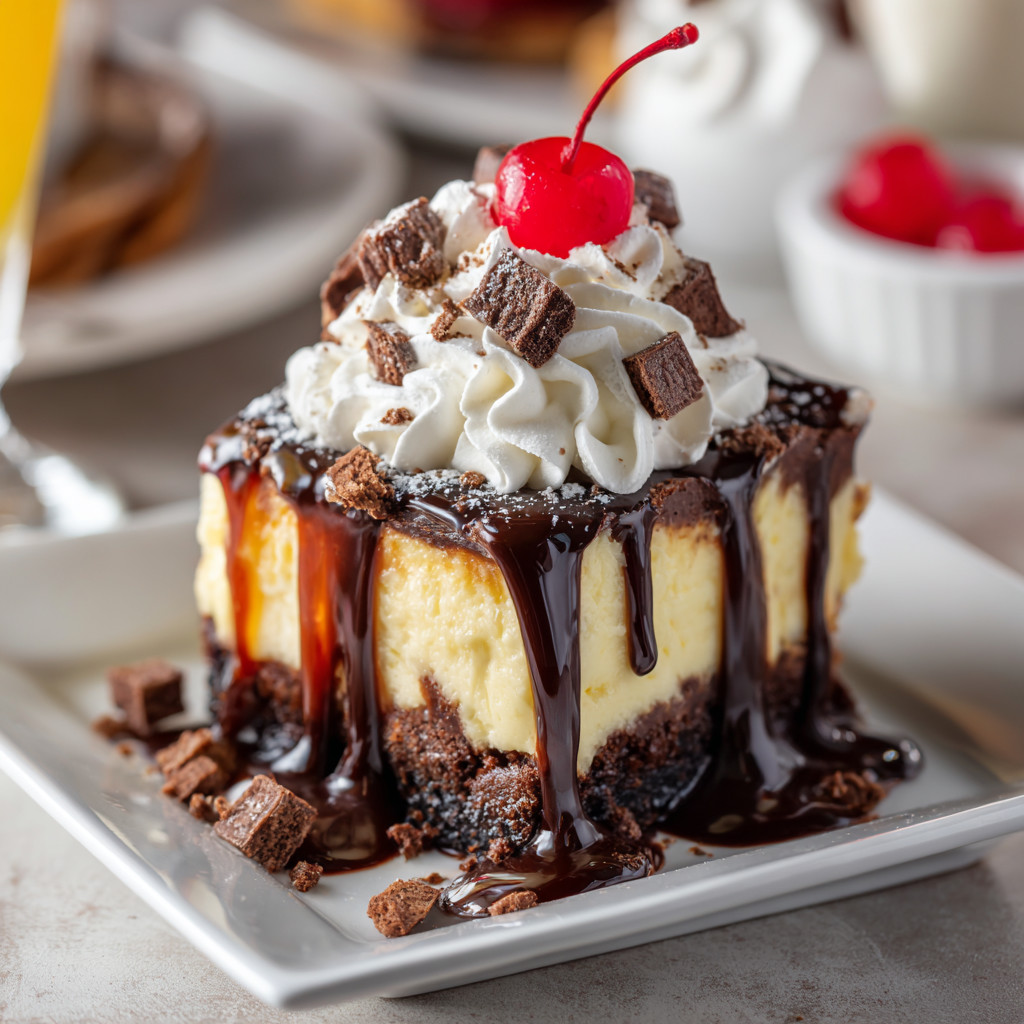 A slice of cake with chocolate and whipped cream on top.