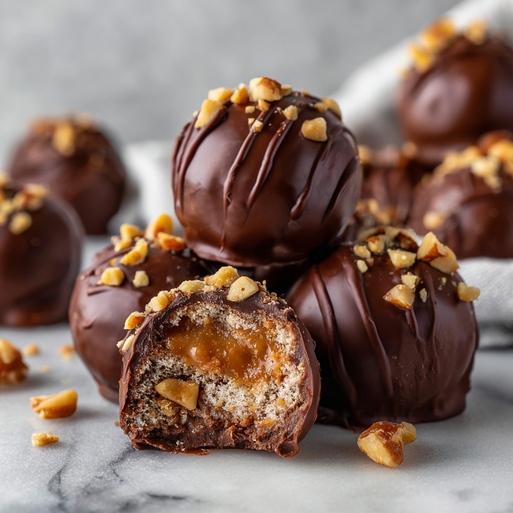 Chocolate balls with nuts on top.