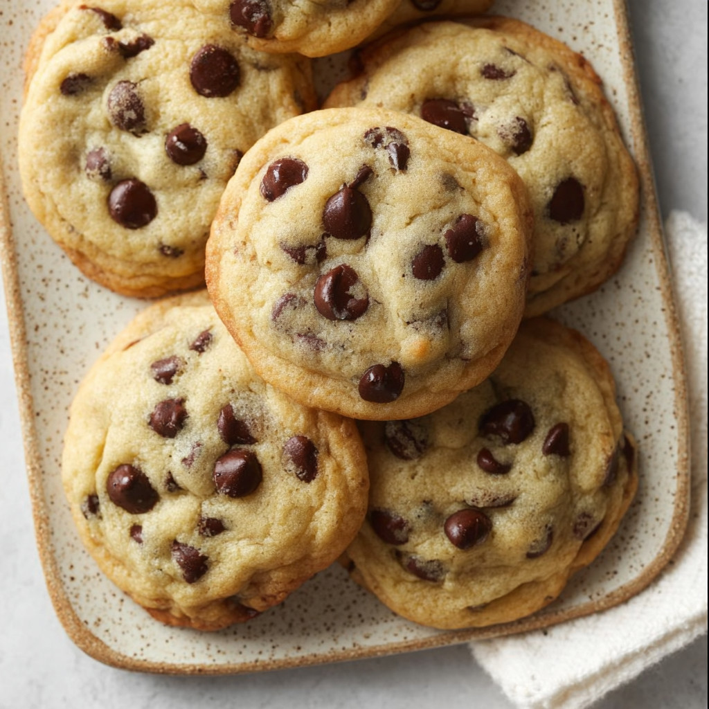 A plate of chocolate chip cookies.