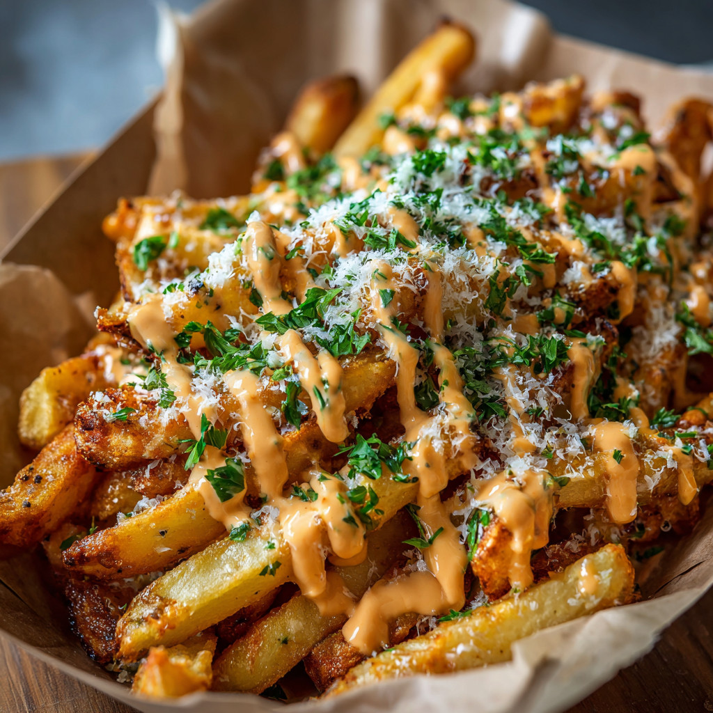 A plate of french fries with cheese and sauce.