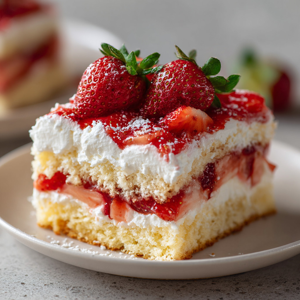 A slice of cake with strawberries on top.