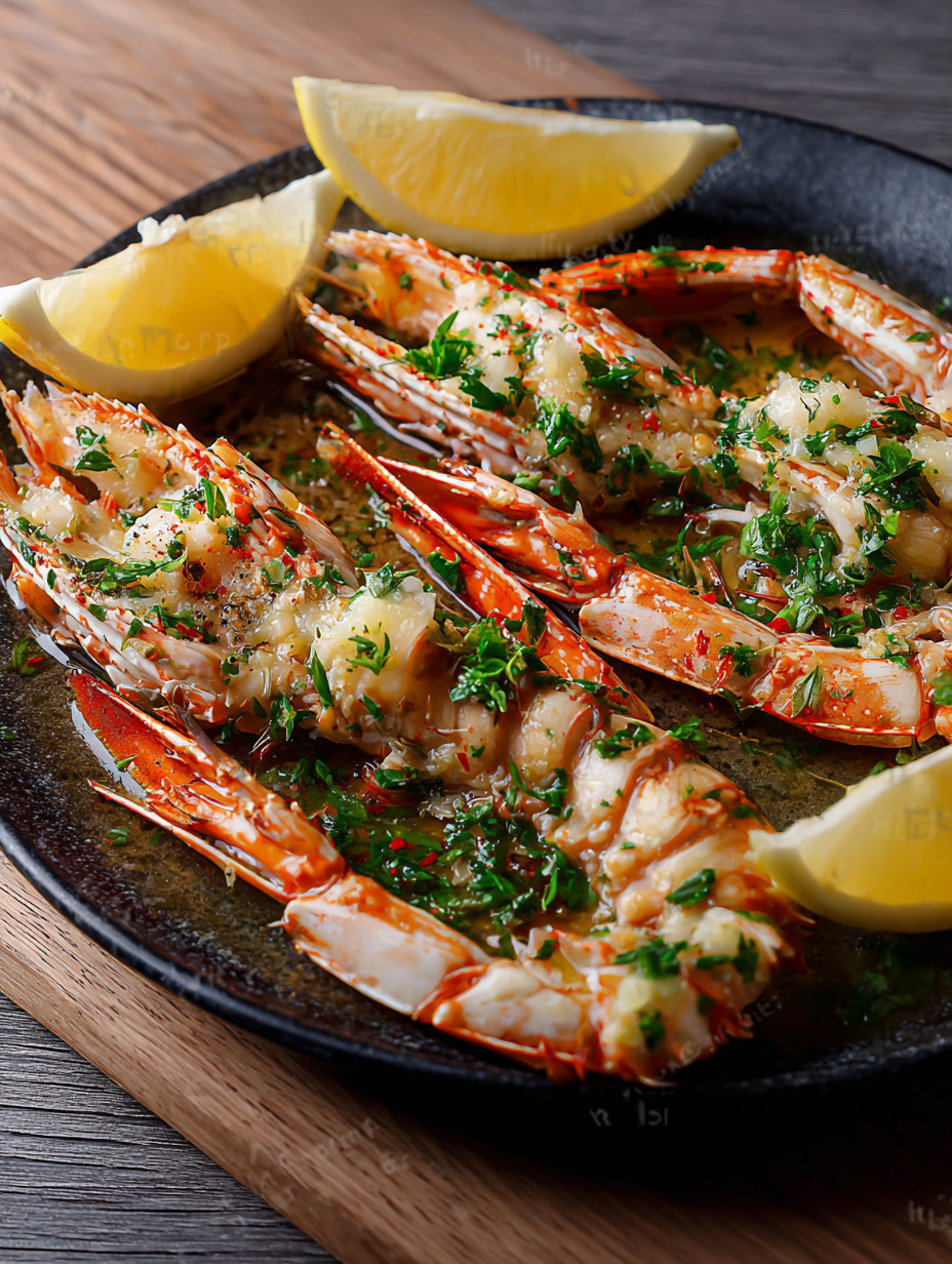 A plate of garlic butter langoustine with lemon and herbs.