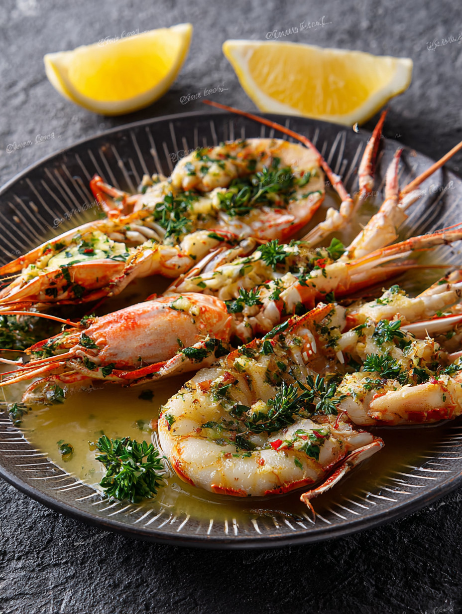 A plate of garlic butter langoustine with lemon and herbs.