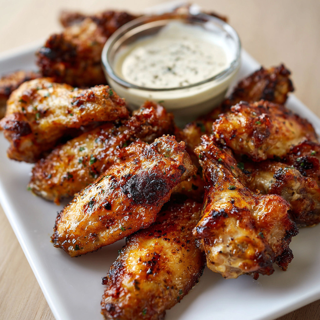 A plate of chicken wings with a dipping sauce.