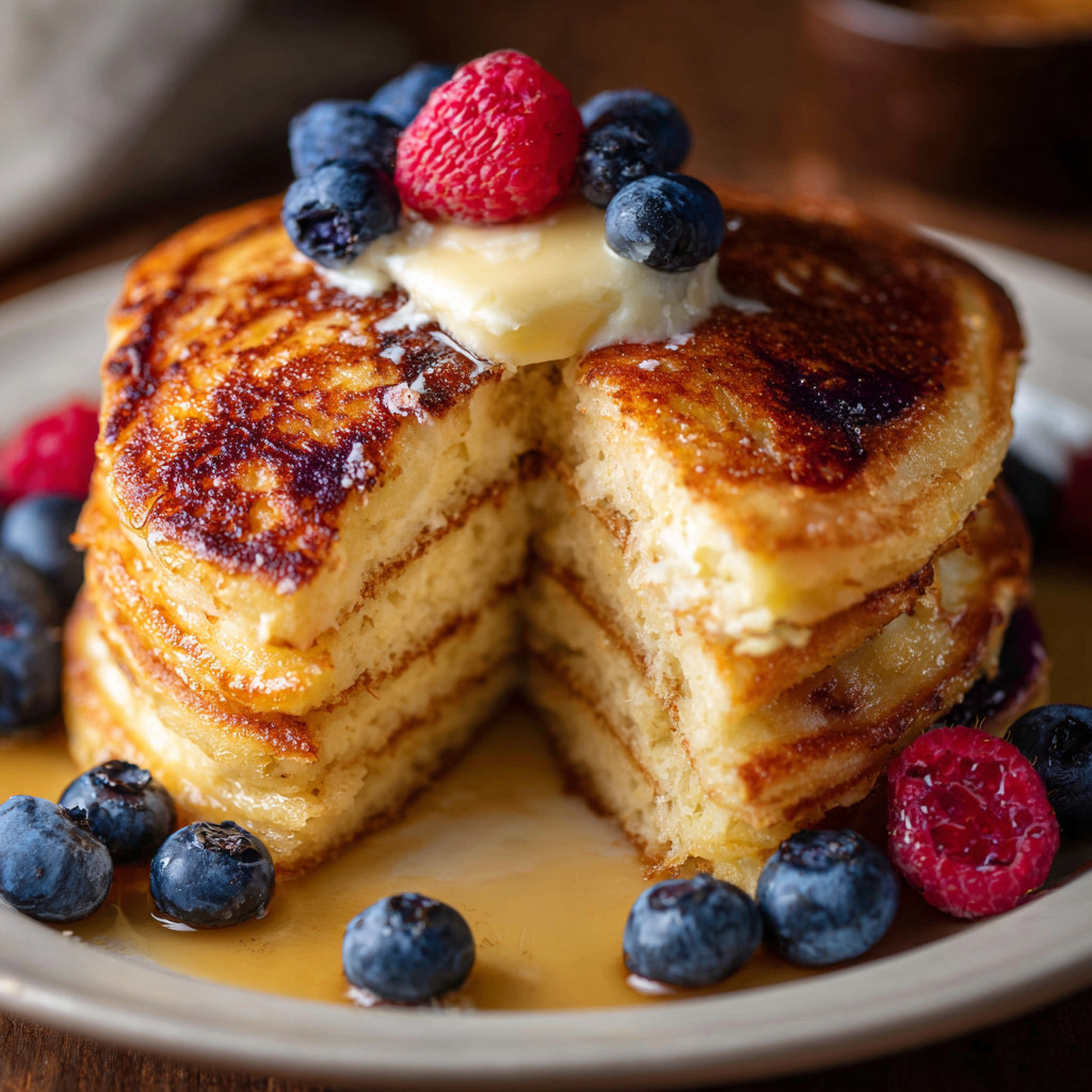 A stack of pancakes with blueberries and butter on top.