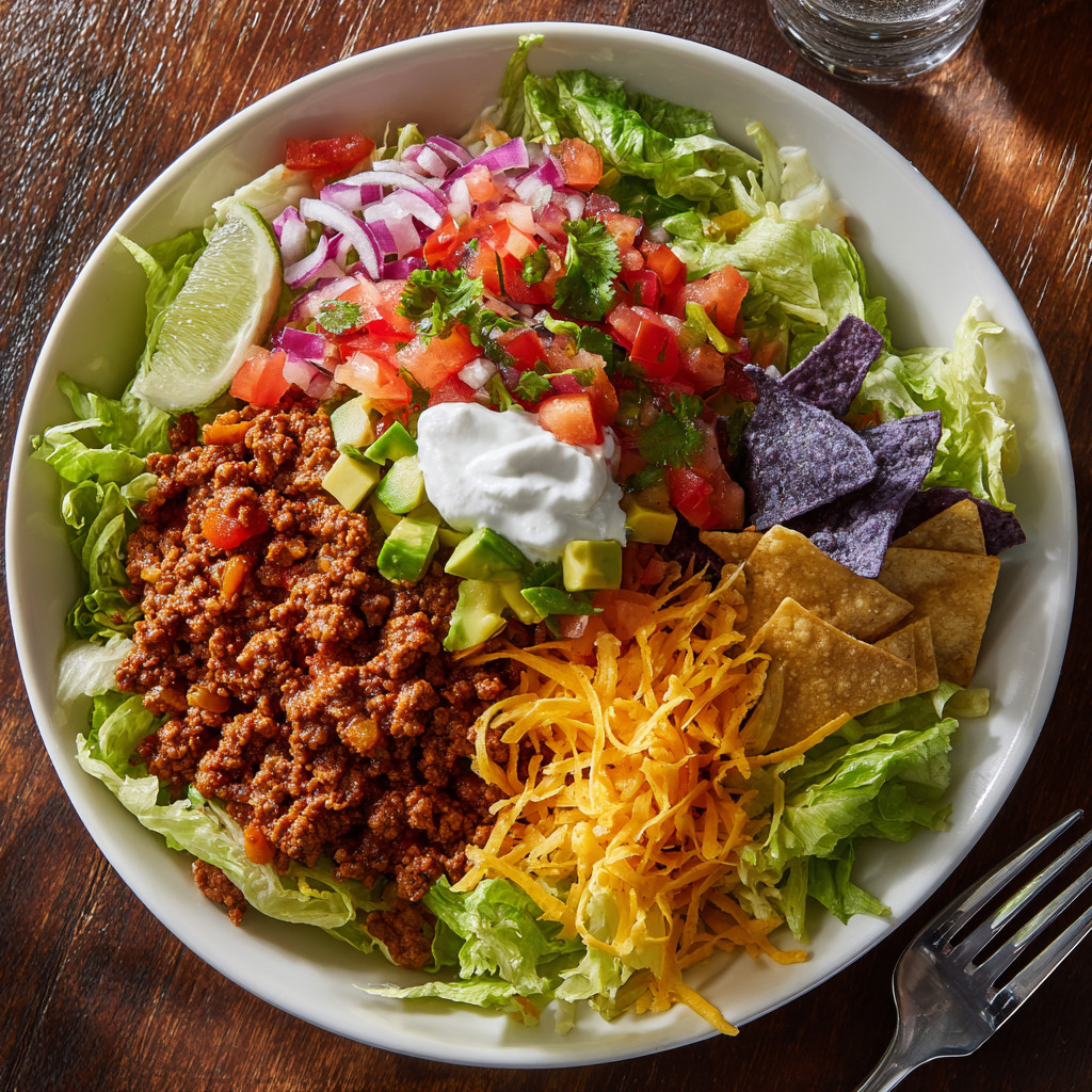 A bowl of food with lettuce, tomatoes, cheese, and chips.