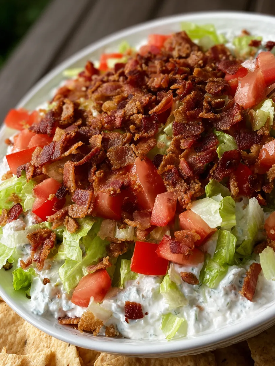 A BLT dip recipe with bacon, lettuce, and tomato.