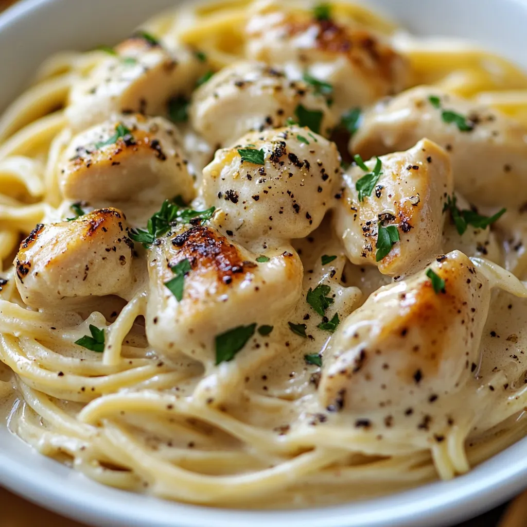 A bowl of pasta with chicken and herbs.