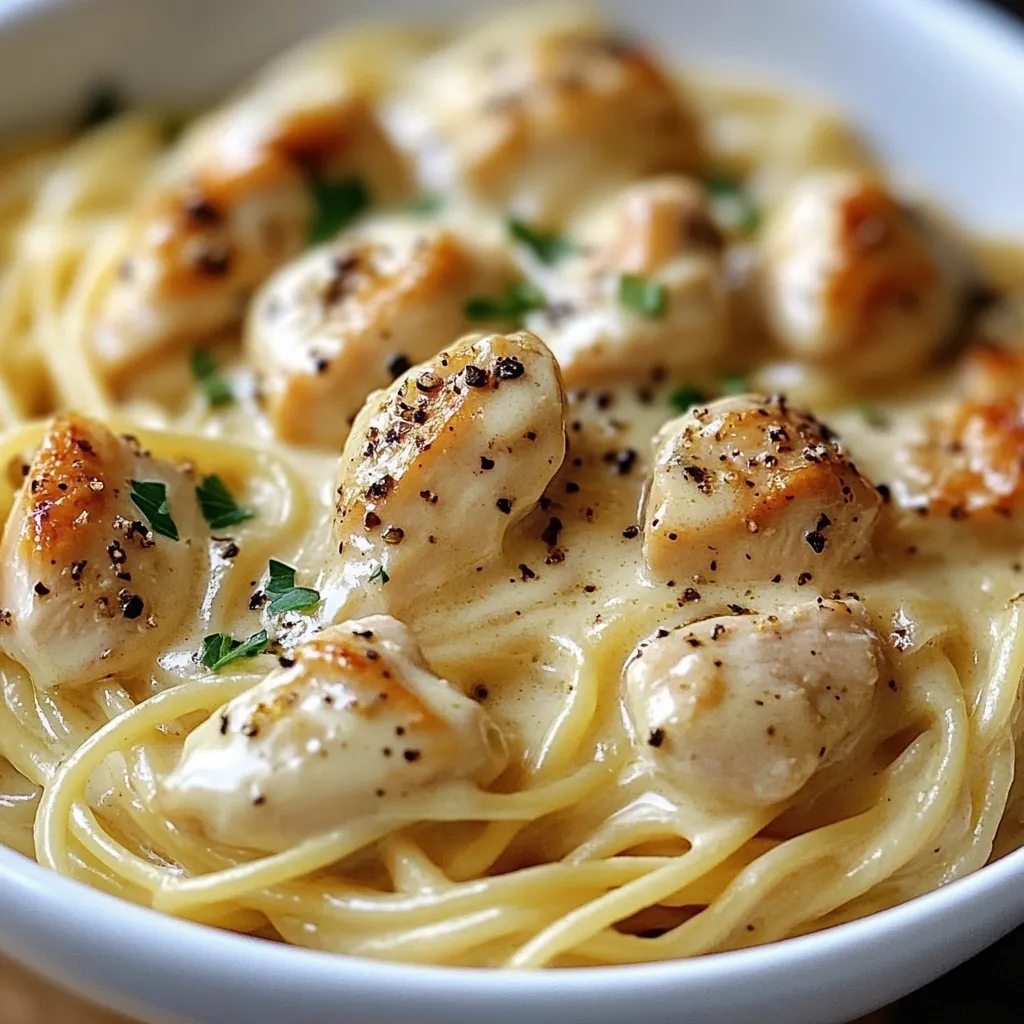 A bowl of pasta with chicken and herbs.