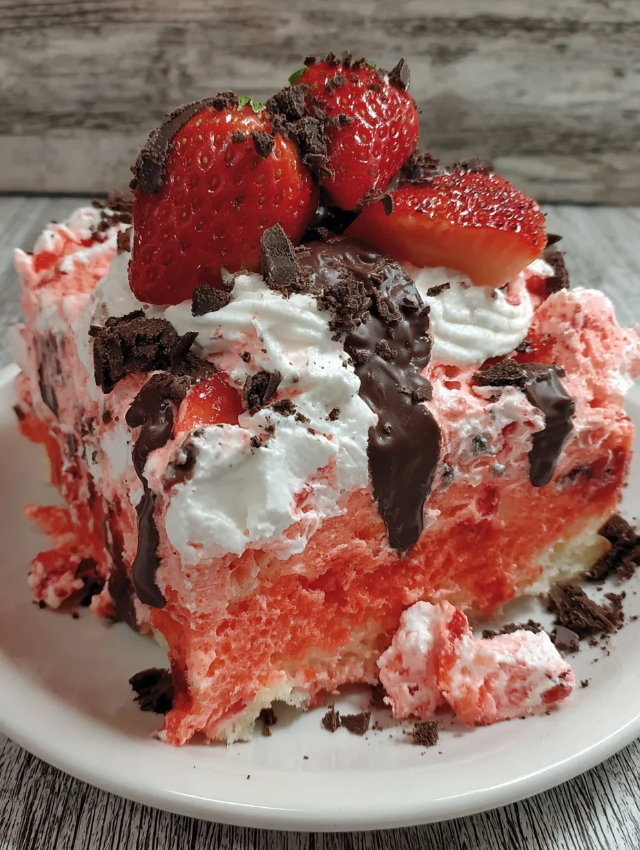 A slice of chocolate covered strawberry poke cake.