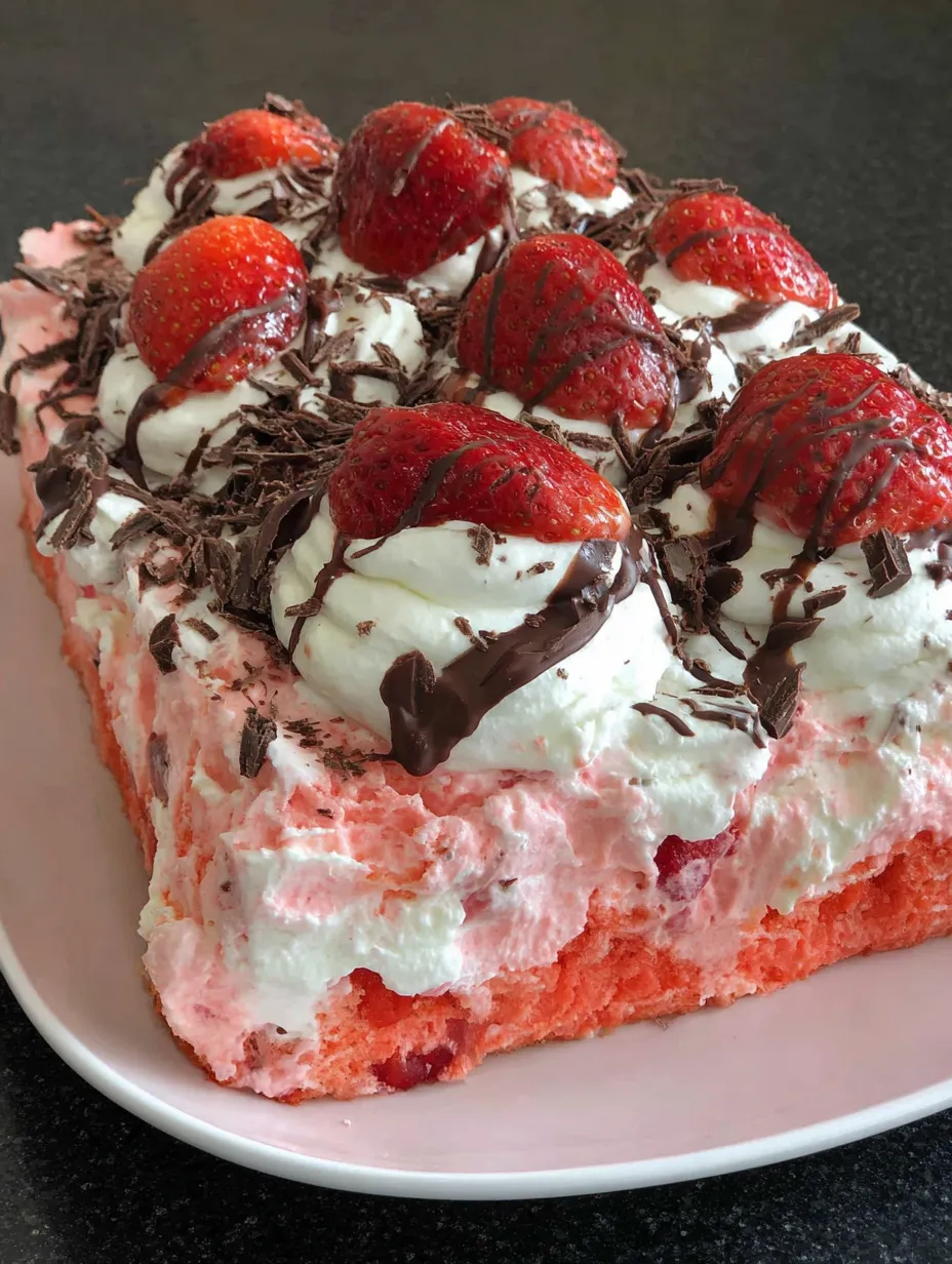 A slice of chocolate covered strawberry poke cake.