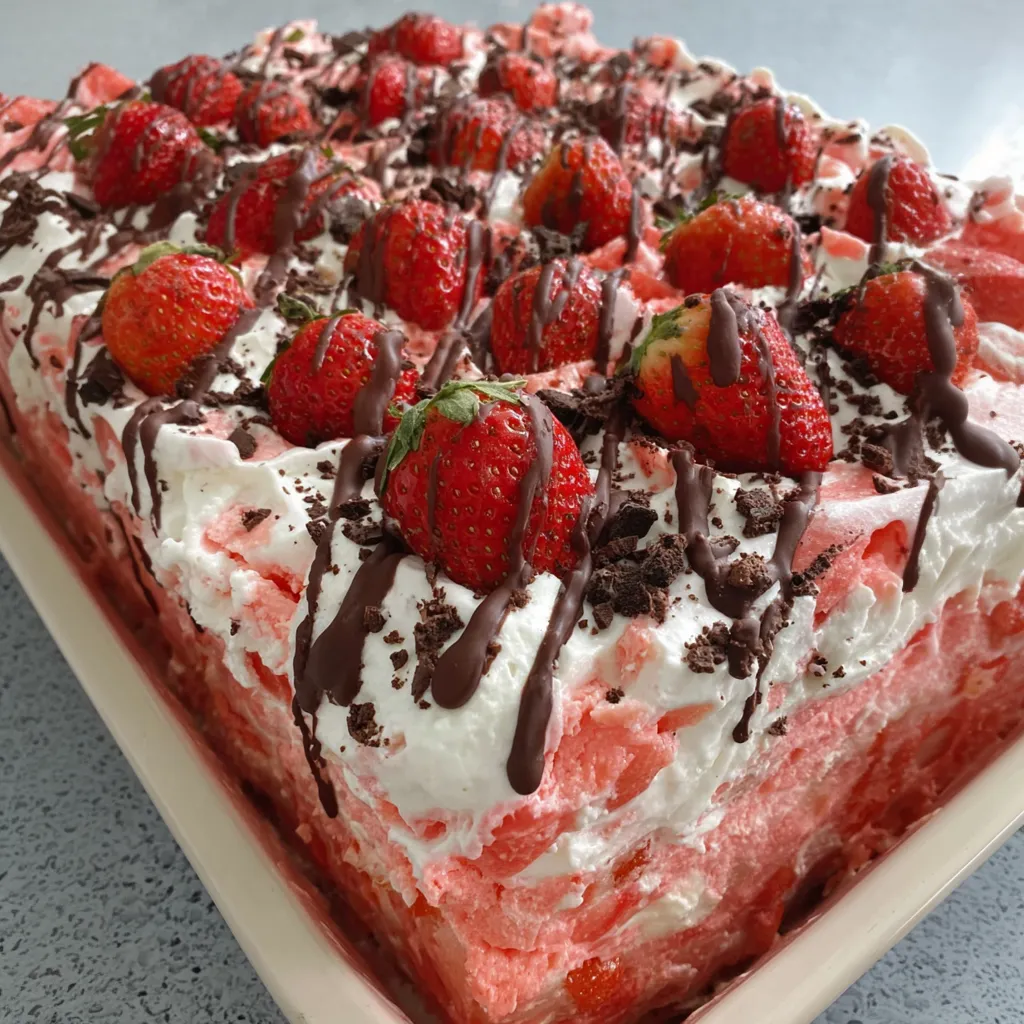 A close up of a chocolate covered strawberry poke cake.