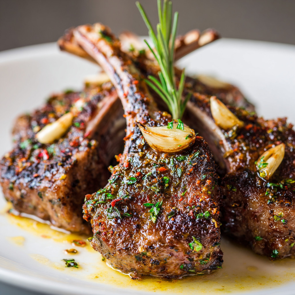 A plate of meat with a sprig of parsley on top.