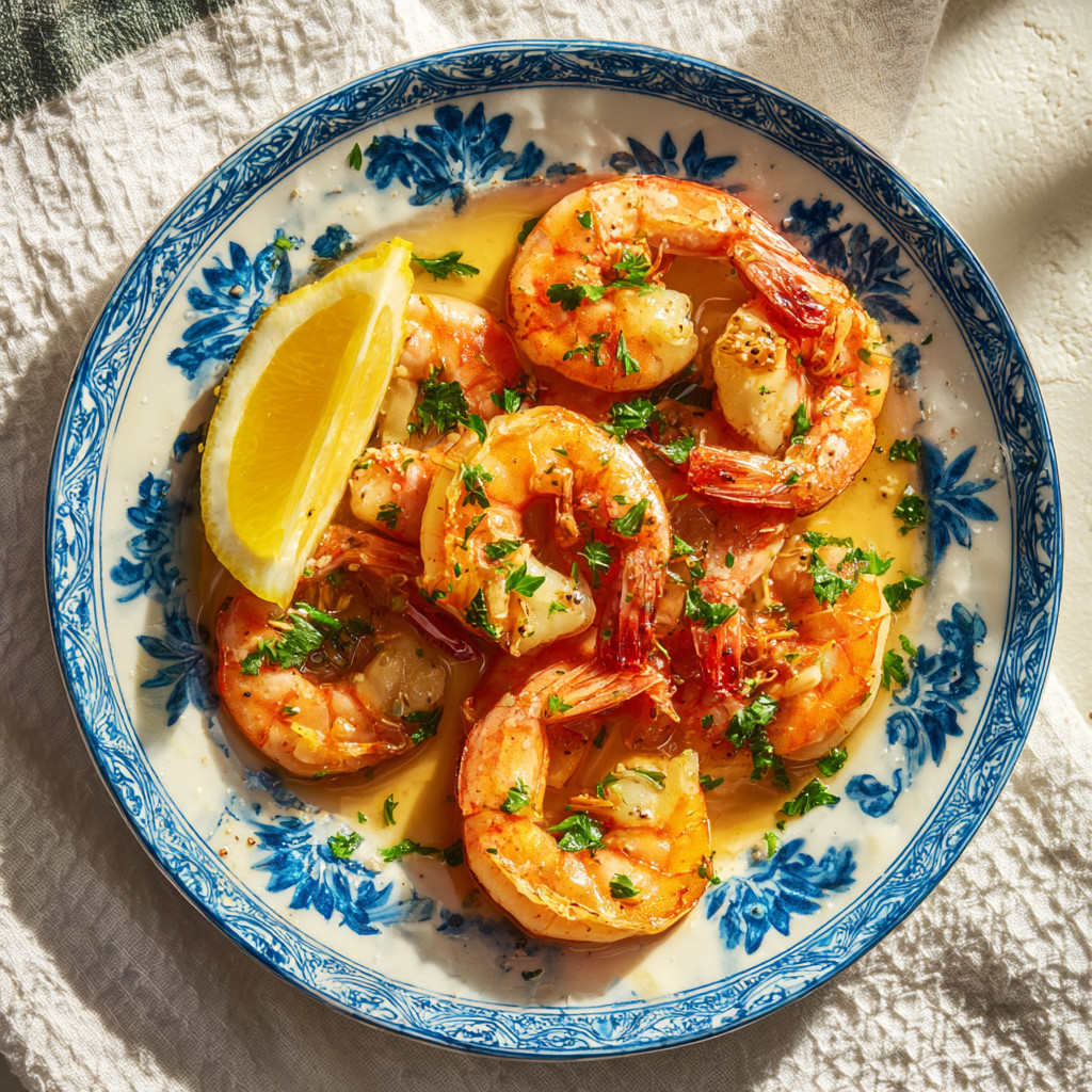 A plate of shrimp with lemon and herbs.