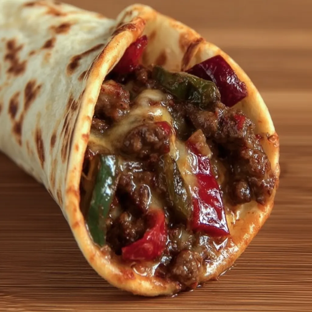 A burrito with meat and peppers.