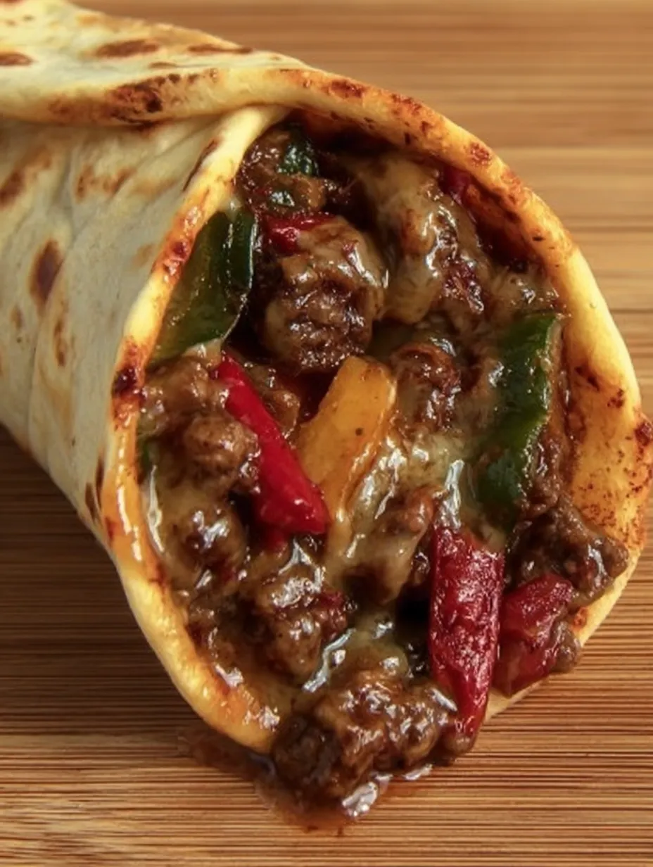 A crispy beef cone with meat and peppers.