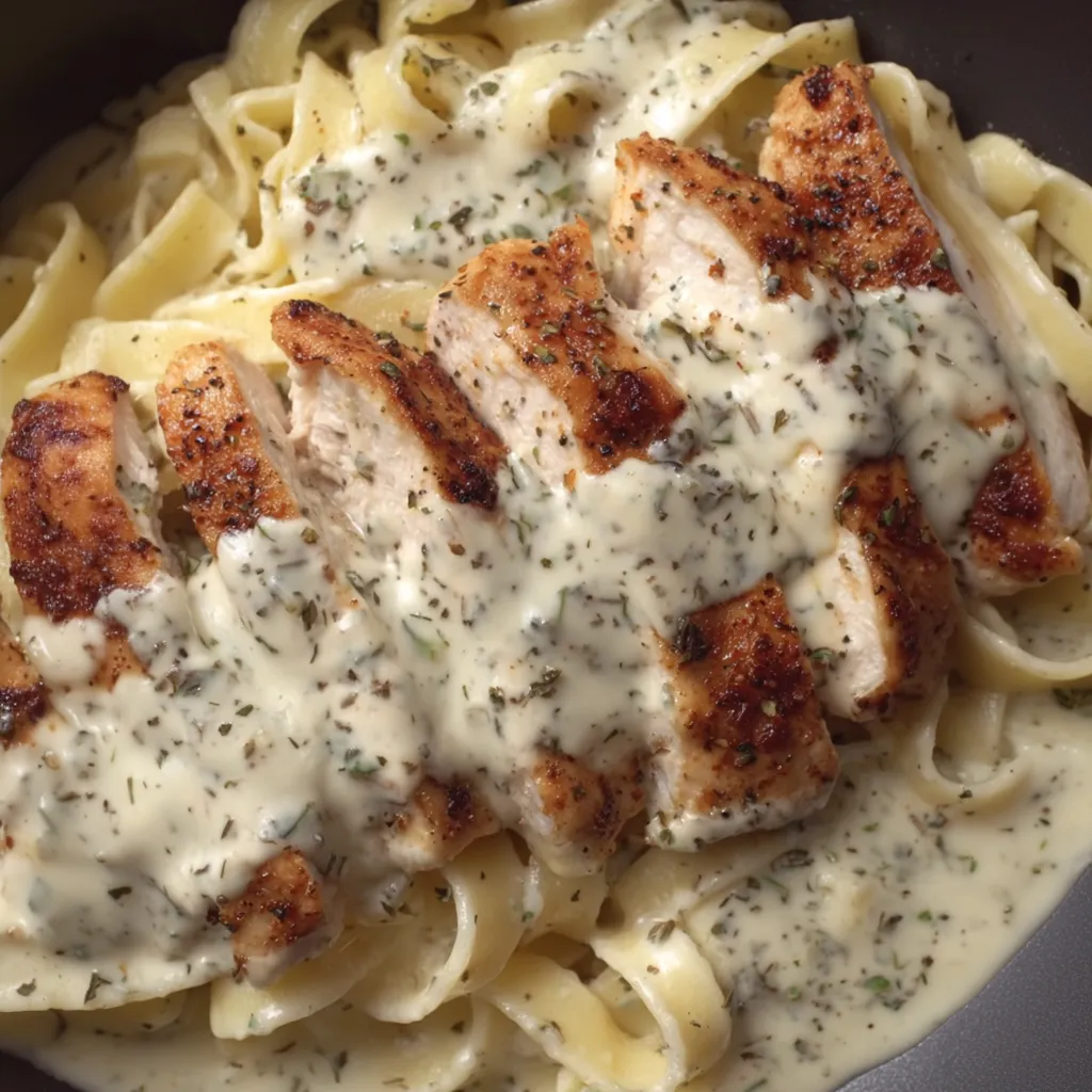 A bowl of chicken Alfredo with garlic and lemon.