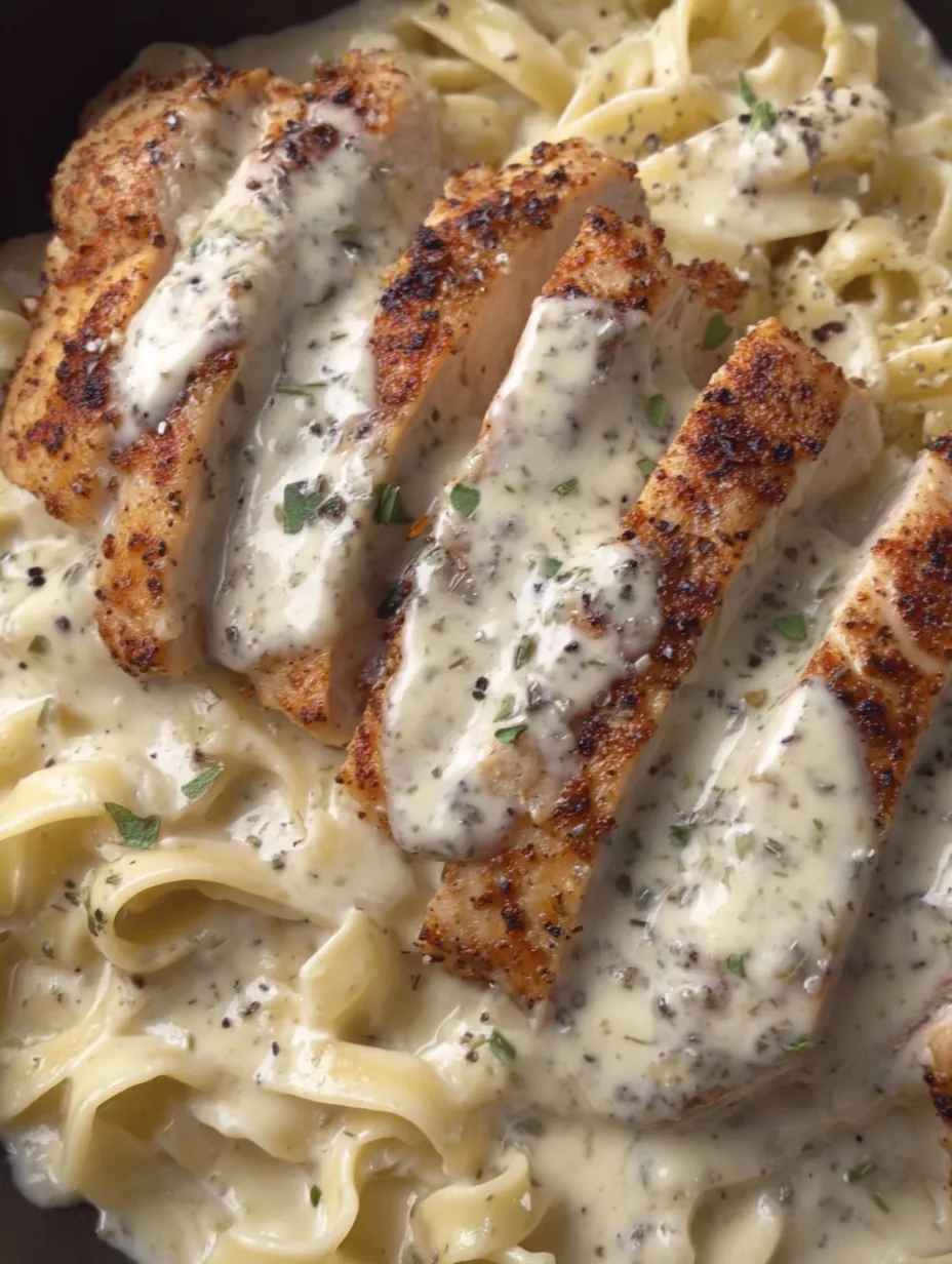 A plate of chicken Alfredo with garlic and lemon.