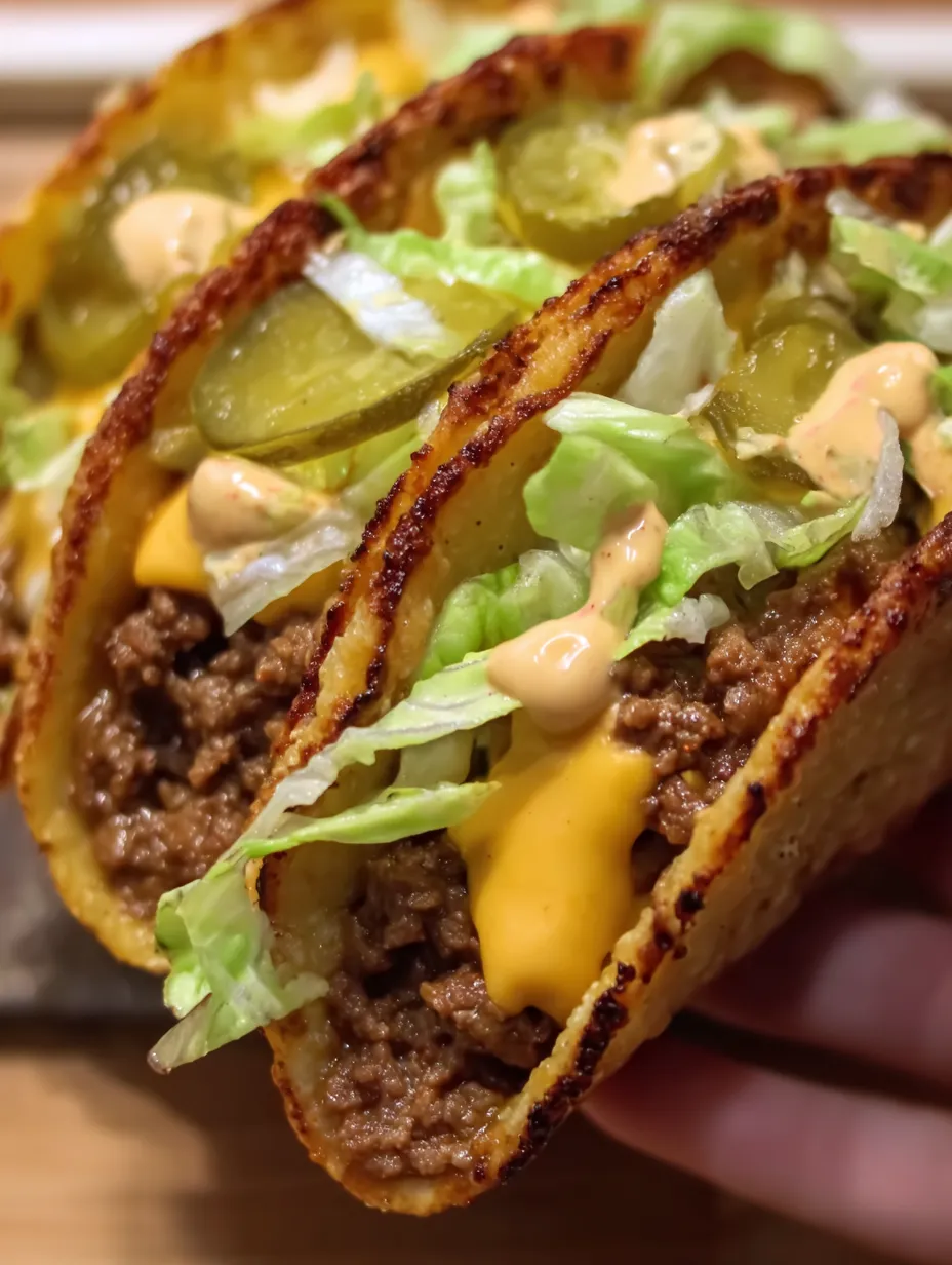 A close up of a delicious burger taco.
