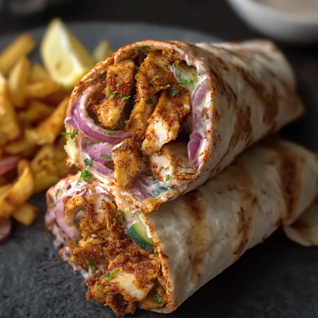 A chicken shawarma wrap on a plate.