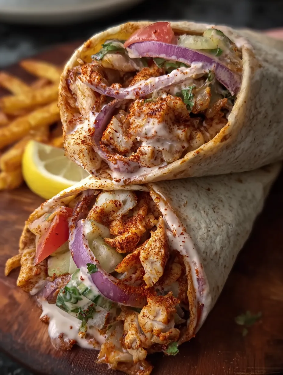 A chicken shawarma wrap with onions and tomatoes.