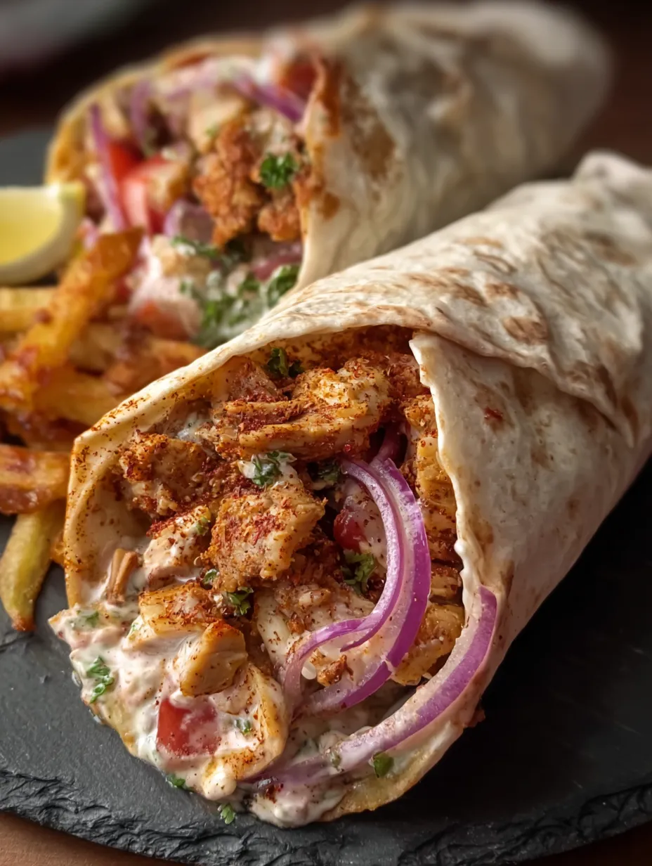 A chicken shawarma wrap with onions and tomatoes.