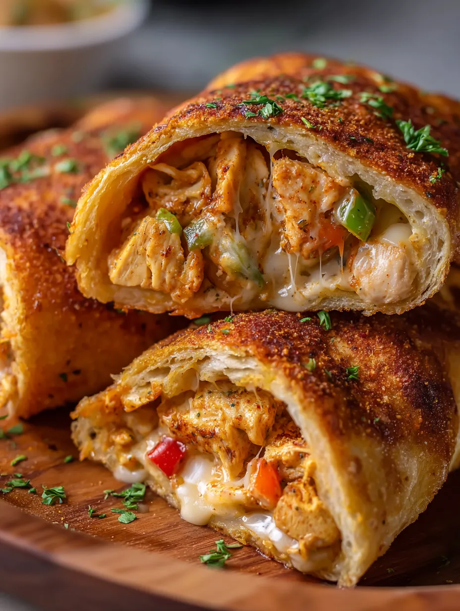 A delicious creamy chicken fajita bread pocket.