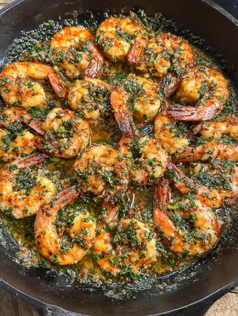 A pan of garlic butter smoked shrimp.