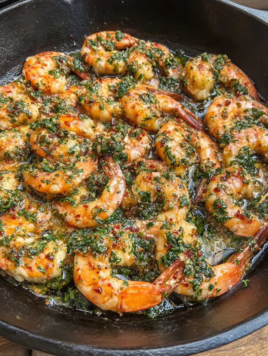 A pan of garlic butter smoked shrimp.