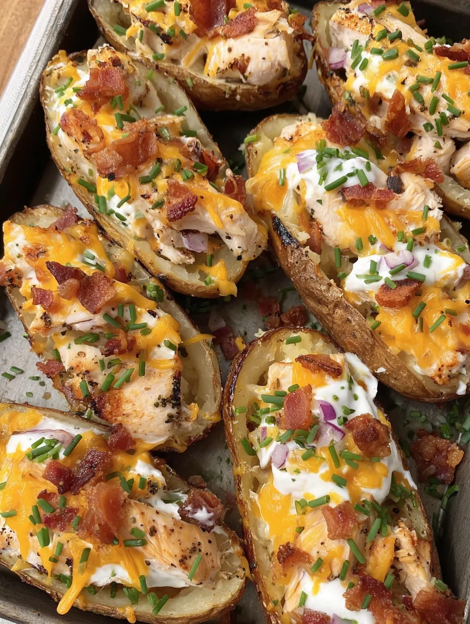 A dish of loaded potato skins with chicken and bacon.