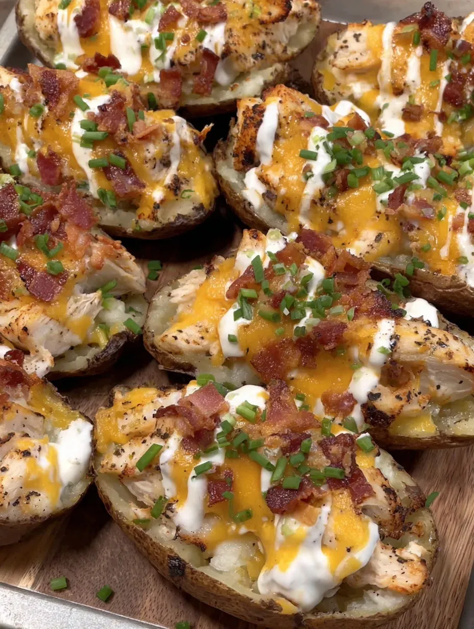 A plate of loaded potato skins with bacon and cheese.